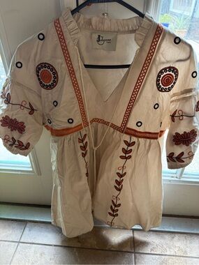 Johanna Paris Cream Embroidered V-Neck Tunic with Rust Accents
